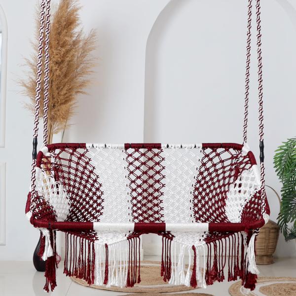 Buy 2-Seater Premium Hammock Swing – Rectangle Swing for Adults & Kids | Sturdy Cotton Jula for Balcony & Outdoors – Maroon & White