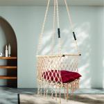 Handcrafted Peach Macrame C-Shape Hanging Swing Chair with Cushion