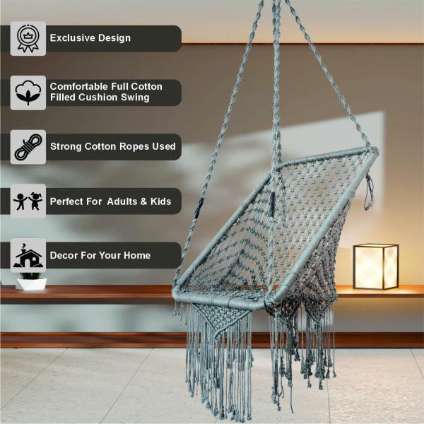Grey Macrame Hanging Swing Chair with Cushion