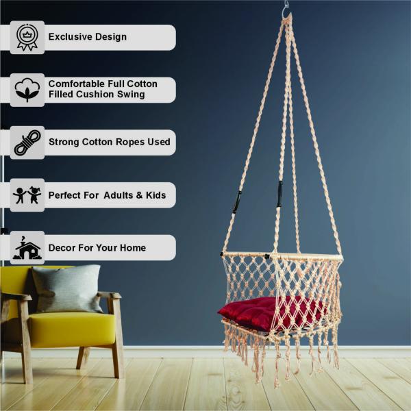 Handcrafted Peach Macrame C-Shape Hanging Swing Chair with Cushion