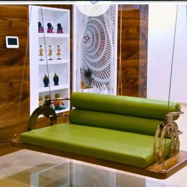 Luxury Indoor Wooden Hanging Swing Sofa with Green Upholstery