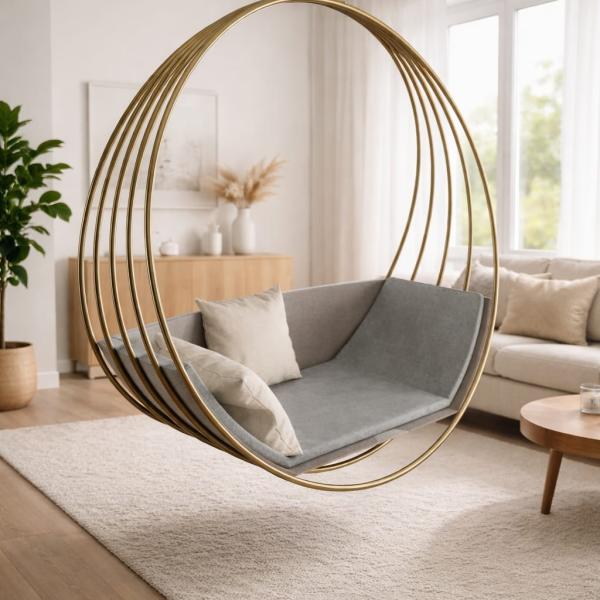 Designer Hanging Swing Sofa with Gold Metal Frame