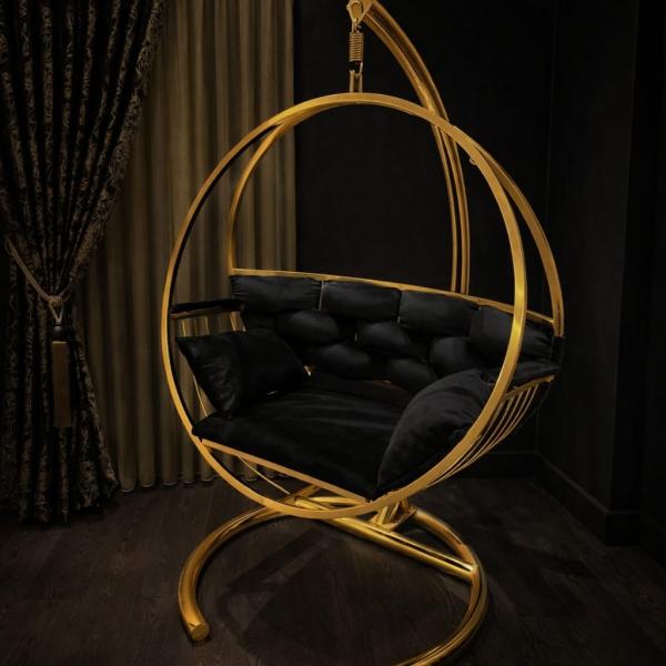 Luxury Hanging Swing Sofa with Gold Metal Frame & Plush Black Cushions